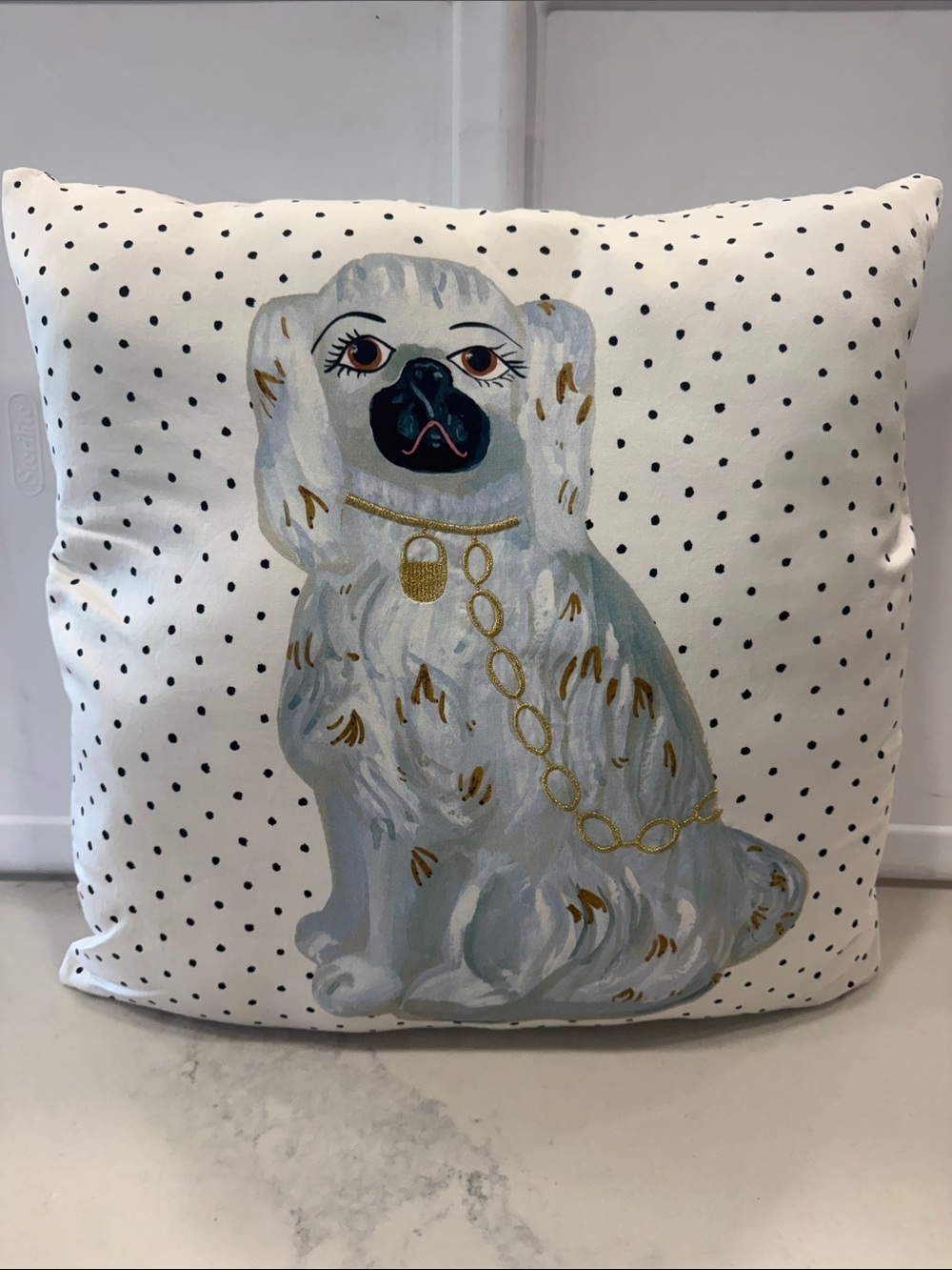 Decorative Kate Spade White Polka Dot Pillow with Grey and Gold Dog Motif -